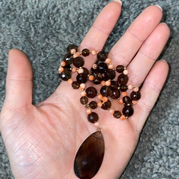 Vintage coral and smokey topaz stone necklace 14K - Picture 8 of 9